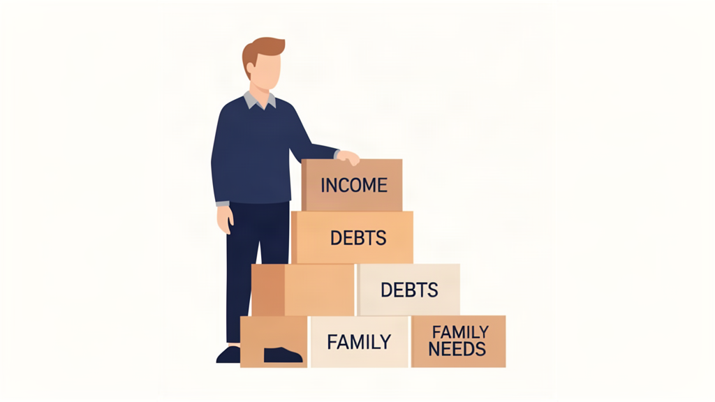 A person standing beside blocks labeled income, debts and family needs