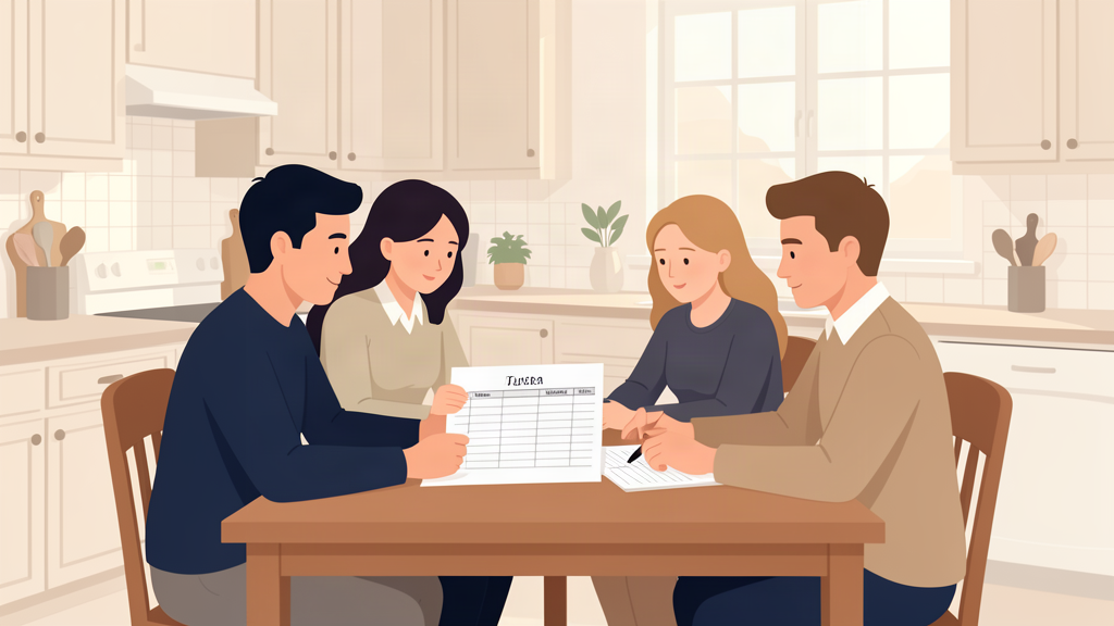 A family reviewing a simple budget sheet at the kitchen table